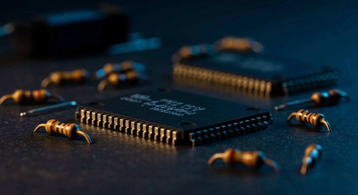 Microcontroller chip and colour-banded resistors laid out on a dark workbench