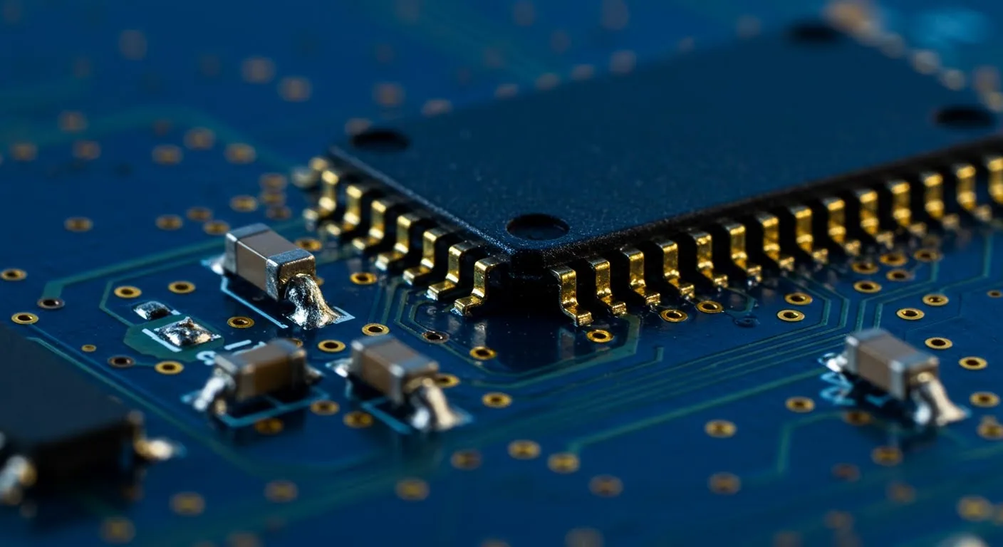Macro view of a deep-blue printed circuit board with a fine-pitch chip and gold-plated solder pads