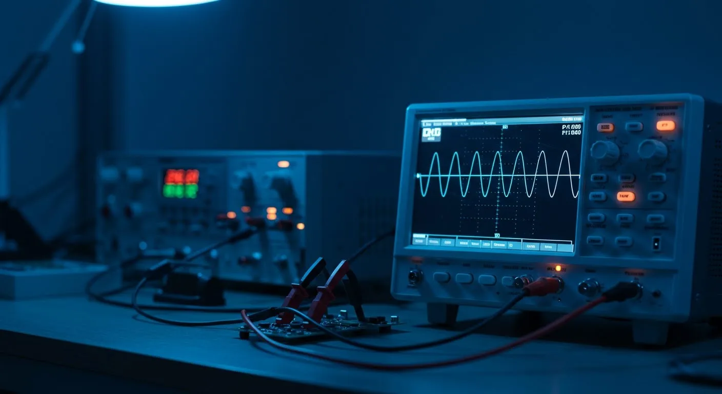 Electronics lab bench with a digital oscilloscope displaying a glowing waveform and probes clipped to a circuit board