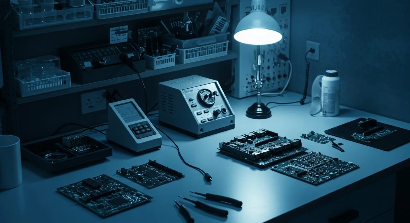 A tidy hardware engineering workbench with a soldering station, hand tools and several partly assembled circuit boards under a task light